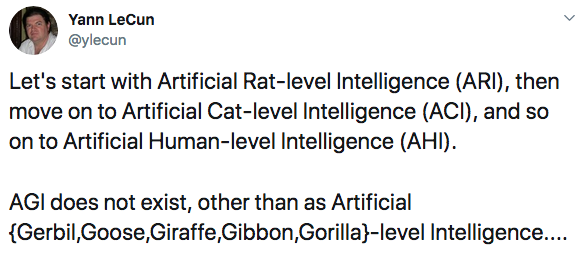 Y. LeCun tweet on AGI, Déc. 2019